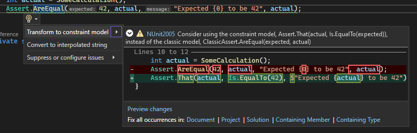 NUnit.Analyzer Classic Assert CodeFix