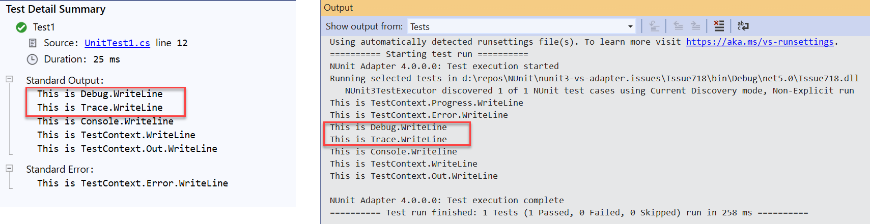 Trace Debug output showing the lines outputted by the TraceListener