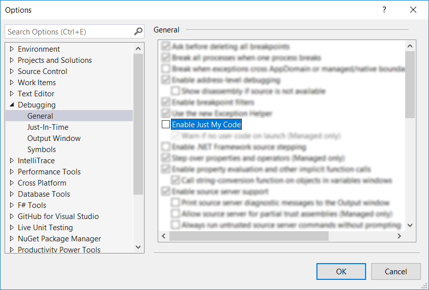 Screenshot of how to disable just my code in Visual Studio